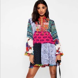 NWT Boohoo Patchwork Print Tassel Smock Dress